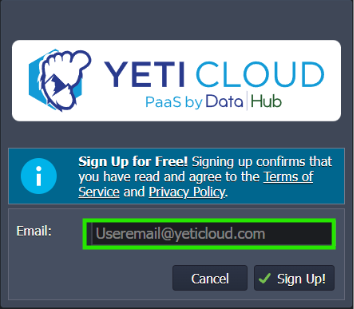 yeti cloud:Provide your Email in the form that appeared: